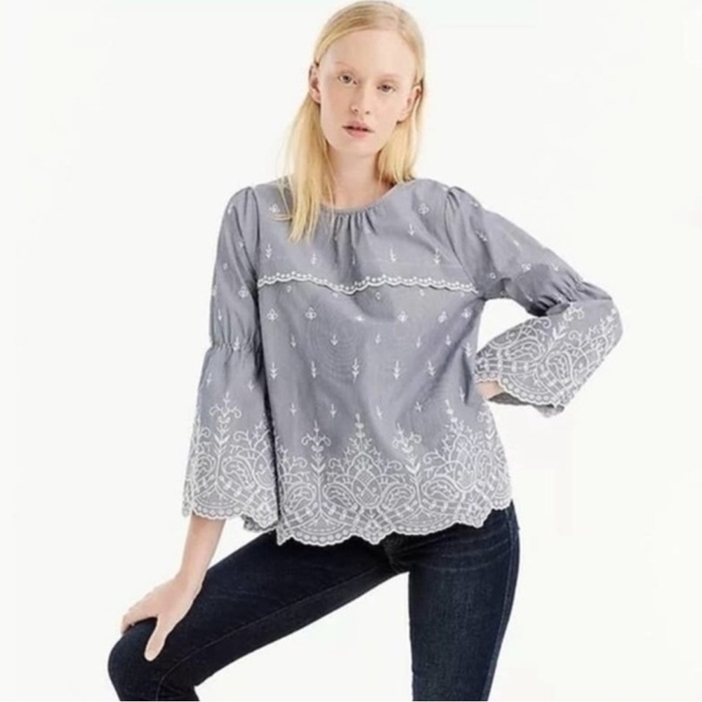 J.Crew Women’s Stripe Print Embroidered 3/4 Bell Sleeves Poplin Blouse Sz S